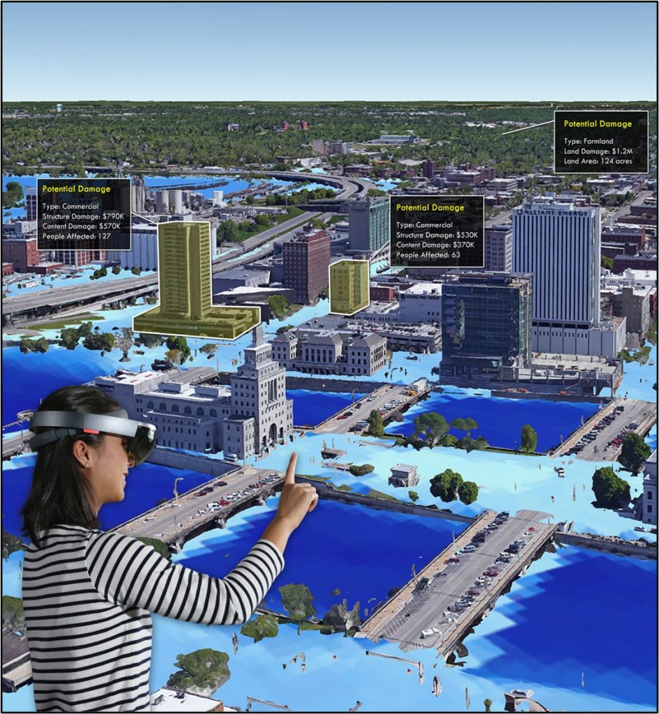 Picture of a woman studying a flood simulation model in virtual reality