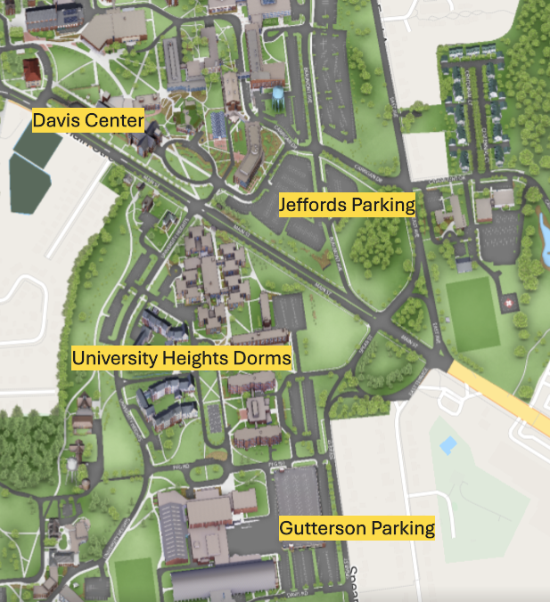 Map of the. University of Vermont campus with the locations of the Davis Center, Jeffords Parking, the University Heights Dorms, and Gutterson Parking marked.