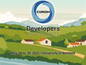 Illustrated graphic promoting the CIROH Developers Conference, featuring rolling green hills and the CIROH logo. Text reads: "Developers Conference – May 28 to 30, 2025 | University of Vermont.
